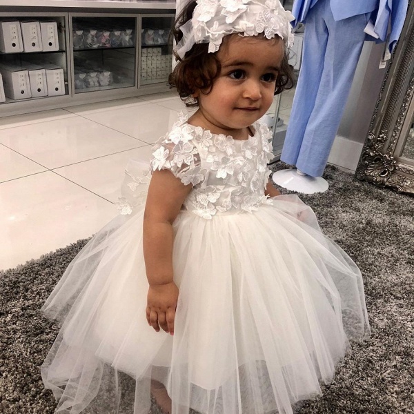 Cute A-line Bateau Short Sleeve Appliques Lace Pearl Tulle Flower Girl Dress With Bowknot_2