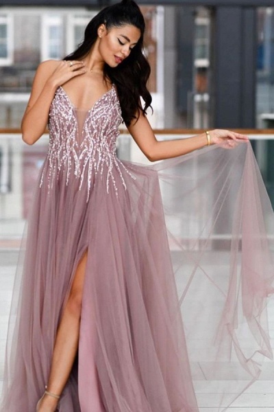 Long A-line V-neck Sparkle Sequined Criss-cross Back Prom Dress with Slit_1