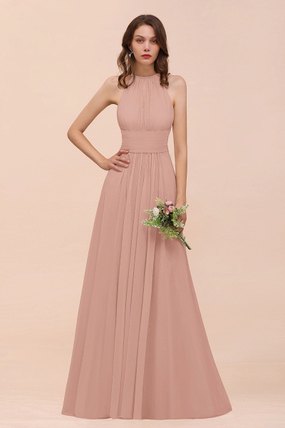 Elegant Long A-Line Jewel Ruffle Chiffon Champagne Bridesmaid Dress_6