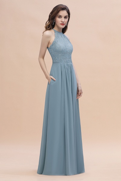 Halter Appliques Lace A-Line Chiffon Floor-length Bridesmaid Dress With Pockets_4