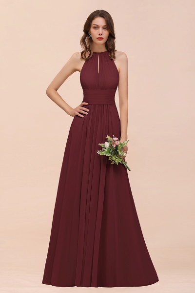 Elegant Long A-Line Jewel Ruffle Chiffon Champagne Bridesmaid Dress_10