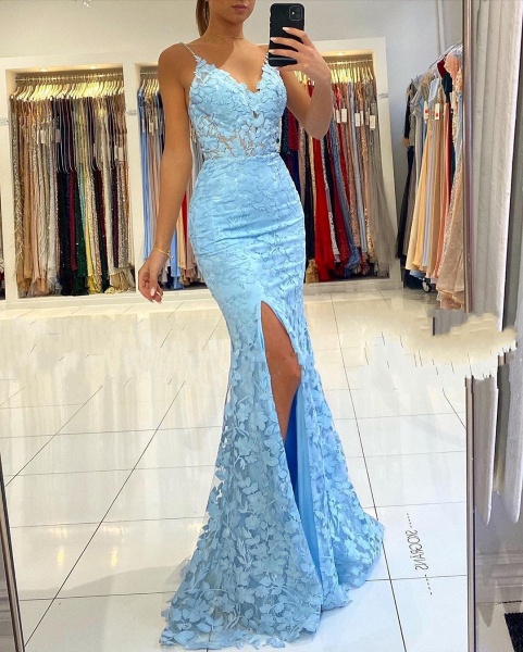Elegant Long Mermaid V-neck Open Back Lace Prom Dress with slit_2