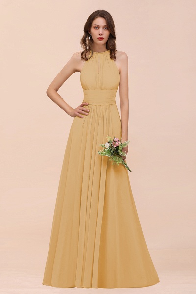 Elegant Long A-Line Jewel Ruffle Chiffon Champagne Bridesmaid Dress_13