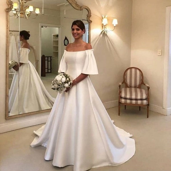 Simple A-Line Off-the-Shoulder Short Sleeve Satin Ruffles Train Wedding Dress_2