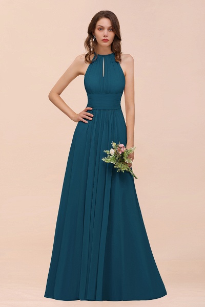 Elegant Long A-Line Jewel Ruffle Chiffon Champagne Bridesmaid Dress_27