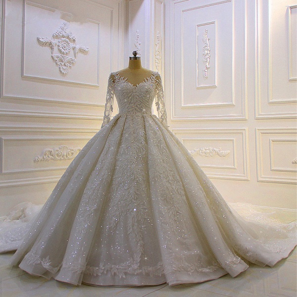Luxury Long Ball Gown Lace Appliques Beading Church Train Wedding Dress with Sleeves_2