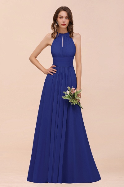 Elegant Long A-Line Jewel Ruffle Chiffon Champagne Bridesmaid Dress_26