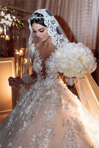 Gorgeous Bateau Long Sleeve Appliques Lace Backless Ruffles Floor-length Princess Wedding Dress_3