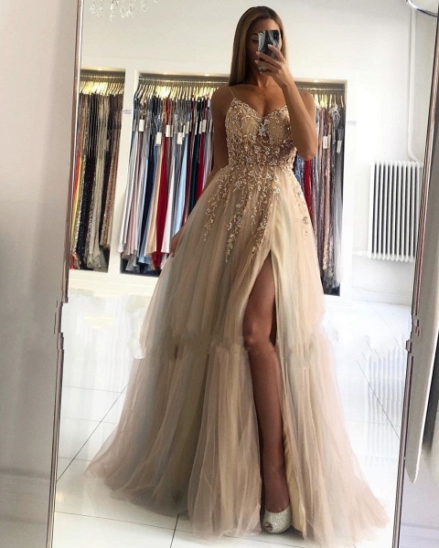 Luxury Long A-line V-neck Tulle Backless Prom Dress with Slit_3