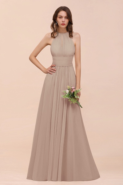 Elegant Long A-Line Jewel Ruffle Chiffon Champagne Bridesmaid Dress_16