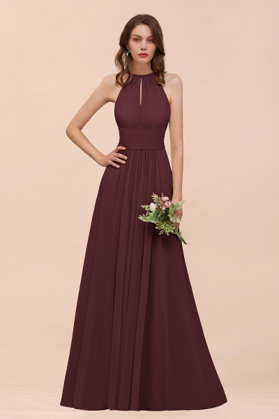 Elegant Long A-Line Jewel Ruffle Chiffon Champagne Bridesmaid Dress_47