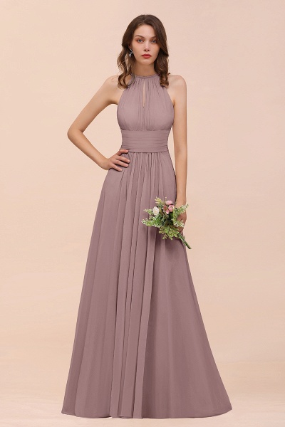 Elegant Long A-Line Jewel Ruffle Chiffon Champagne Bridesmaid Dress_37