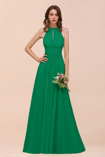 Elegant Long A-Line Jewel Ruffle Chiffon Champagne Bridesmaid Dress_49