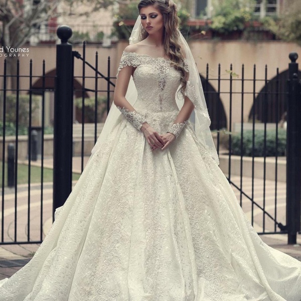 Elegant A-Line Off-the-Shoulder Long Sleeve Backless Appliques Lace Floor-length Wedding Dress_2