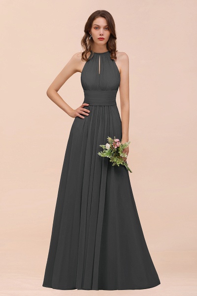 Elegant Long A-Line Jewel Ruffle Chiffon Champagne Bridesmaid Dress_46