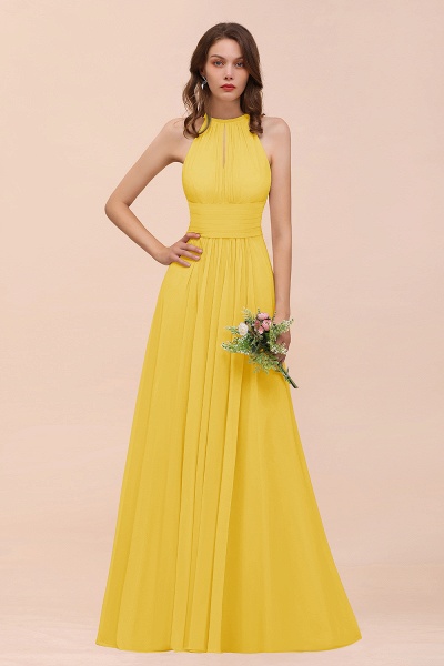 Elegant Long A-Line Jewel Ruffle Chiffon Champagne Bridesmaid Dress_17