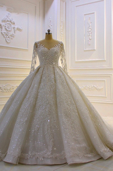 Luxury Long Ball Gown Lace Appliques Beading Church Train Wedding Dress with Sleeves_1