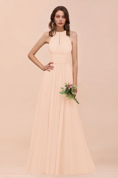 Elegant Long A-Line Jewel Ruffle Chiffon Champagne Bridesmaid Dress_5