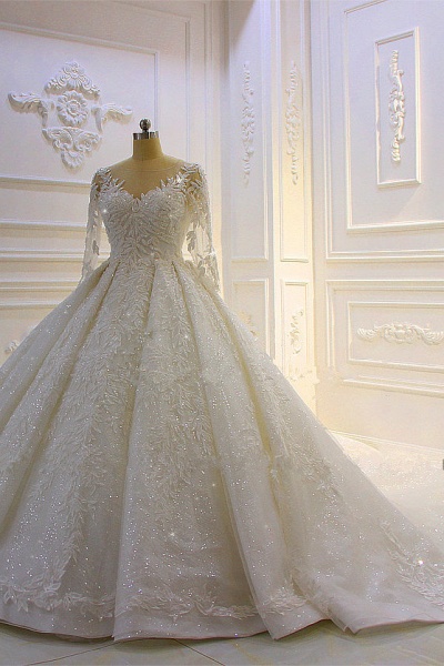 Luxury Long Ball Gown Lace Appliques Beading Church Train Wedding Dress with Sleeves_3