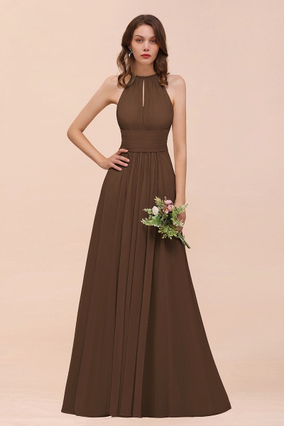 Elegant Long A-Line Jewel Ruffle Chiffon Champagne Bridesmaid Dress_12