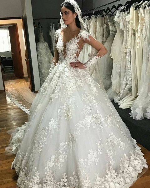 Gorgeous Bateau Long Sleeve Appliques Lace Backless Ruffles Floor-length Princess Wedding Dress_2