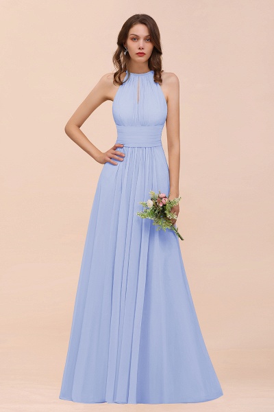 Elegant Long A-Line Jewel Ruffle Chiffon Champagne Bridesmaid Dress_22