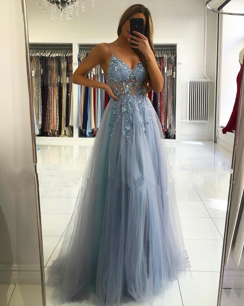 Luxury Long A-line V-neck Tulle Backless Prom Dress with Slit_2