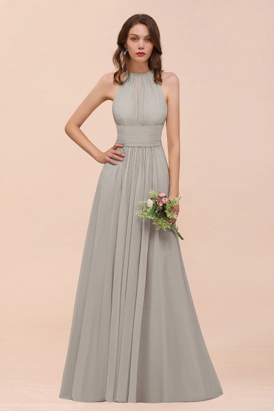 Elegant Long A-Line Jewel Ruffle Chiffon Champagne Bridesmaid Dress_30
