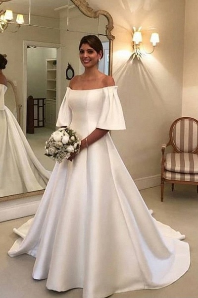 Simple A-Line Off-the-Shoulder Short Sleeve Satin Ruffles Train Wedding Dress_1