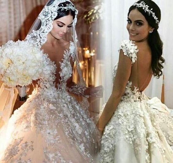 Gorgeous Bateau Long Sleeve Appliques Lace Backless Ruffles Floor-length Princess Wedding Dress_5