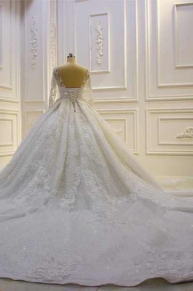 Luxury Long Ball Gown Lace Appliques Beading Church Train Wedding Dress with Sleeves_6