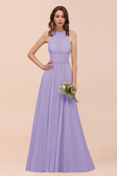 Elegant Long A-Line Jewel Ruffle Chiffon Champagne Bridesmaid Dress_21