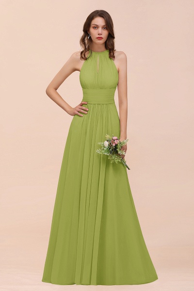 Elegant Long A-Line Jewel Ruffle Chiffon Champagne Bridesmaid Dress_34