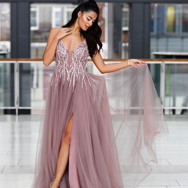 Long A-line V-neck Sparkle Sequined Criss-cross Back Prom Dress with Slit_2