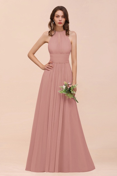 Elegant Long A-Line Jewel Ruffle Chiffon Champagne Bridesmaid Dress_50