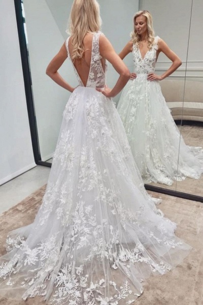 Elegant Long A-line V-neck Backless Tulle Lace Wedding Dress_1