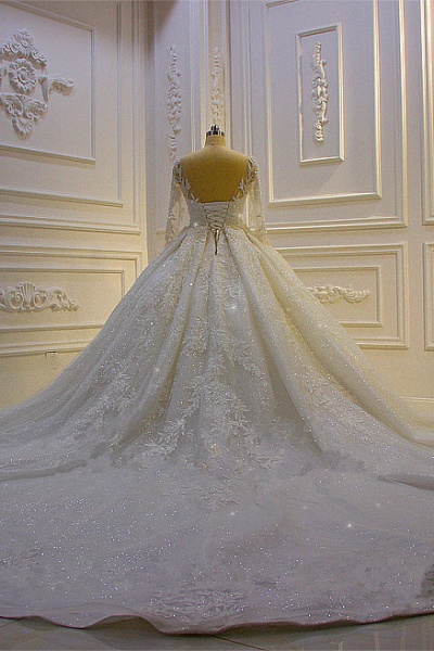 Luxury Long Ball Gown Lace Appliques Beading Church Train Wedding Dress with Sleeves_5