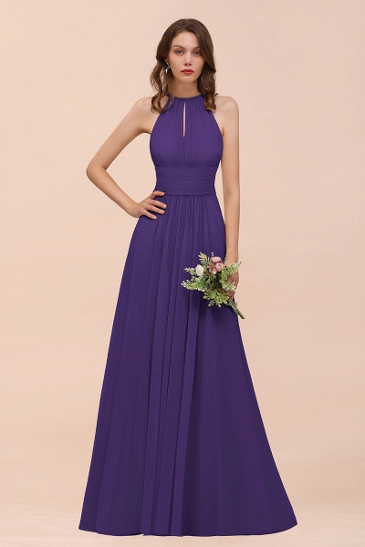 Elegant Long A-Line Jewel Ruffle Chiffon Champagne Bridesmaid Dress_19