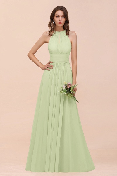 Elegant Long A-Line Jewel Ruffle Chiffon Champagne Bridesmaid Dress_35