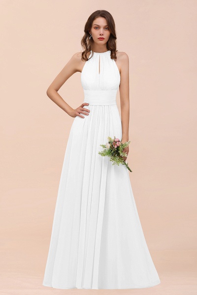 Elegant Long A-Line Jewel Ruffle Chiffon Champagne Bridesmaid Dress_1