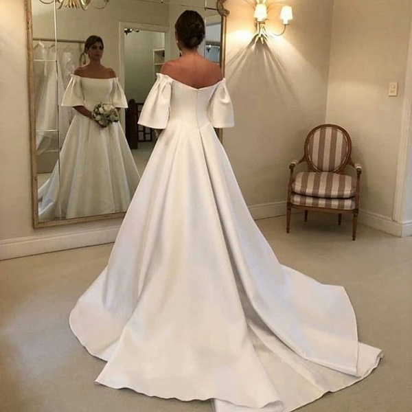 Simple A-Line Off-the-Shoulder Short Sleeve Satin Ruffles Train Wedding Dress_3