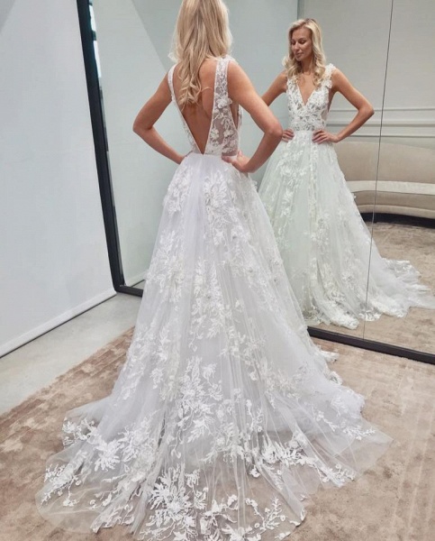 Elegant Long A-line V-neck Backless Tulle Lace Wedding Dress_2