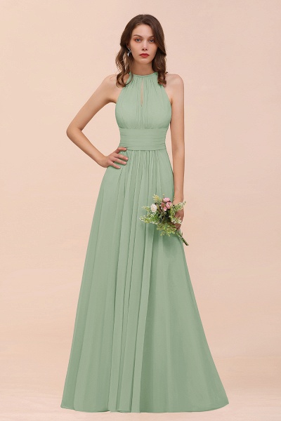 Elegant Long A-Line Jewel Ruffle Chiffon Champagne Bridesmaid Dress_41