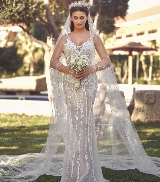 Long Mermaid V-neck Tulle Lace Wedding Dress with Detachable Train_2