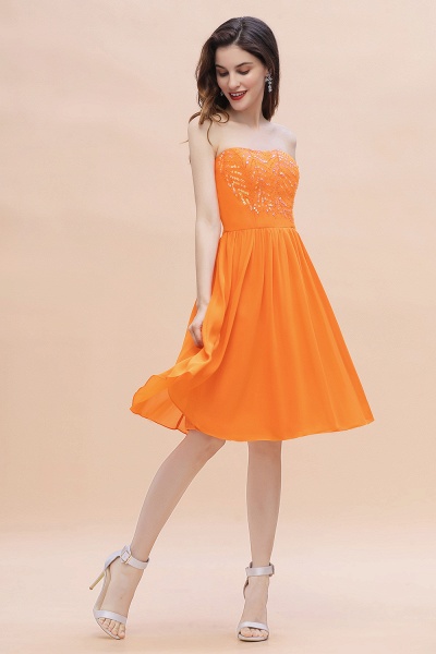 Orange Sequins A-Line Strapless Knee-length Chiffon Bridesmaid Dress_4