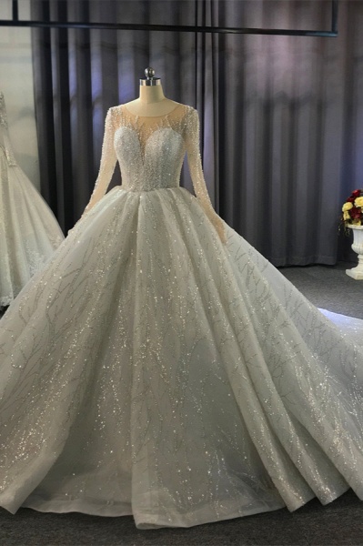 Gorgeous Bateau Crystal Long Sleeve Ruffles Floor-length Ball Gown Wedding Dress_10