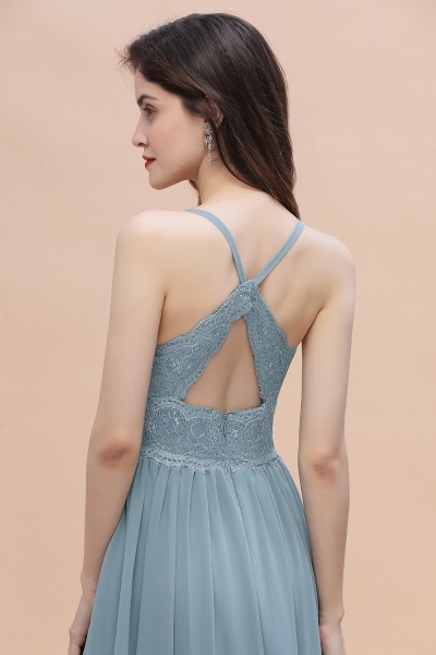 A-Line Ruched Bridesmaid Dress V-Neck Lace Chiffon Floor-length Evening Dress_9
