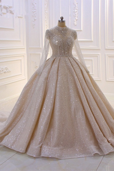 Gorgeous High-neck Long Sleeves Sequin Satin Ball Gown Wedding Dress_1