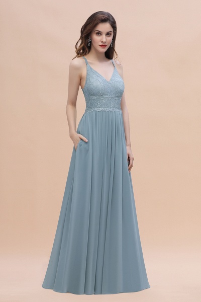 A-Line Ruched Bridesmaid Dress V-Neck Lace Chiffon Floor-length Evening Dress_4