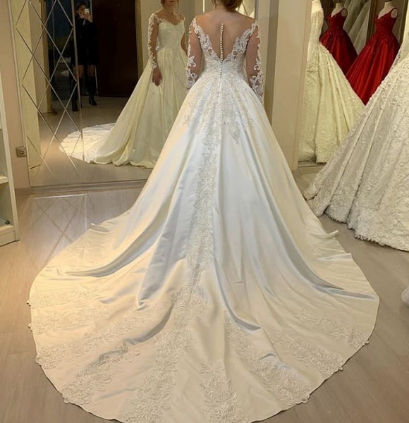Elegant A-Line Sweetheart Long Sleeve Appliques Lace Pearl Satin Wedding Dress_3